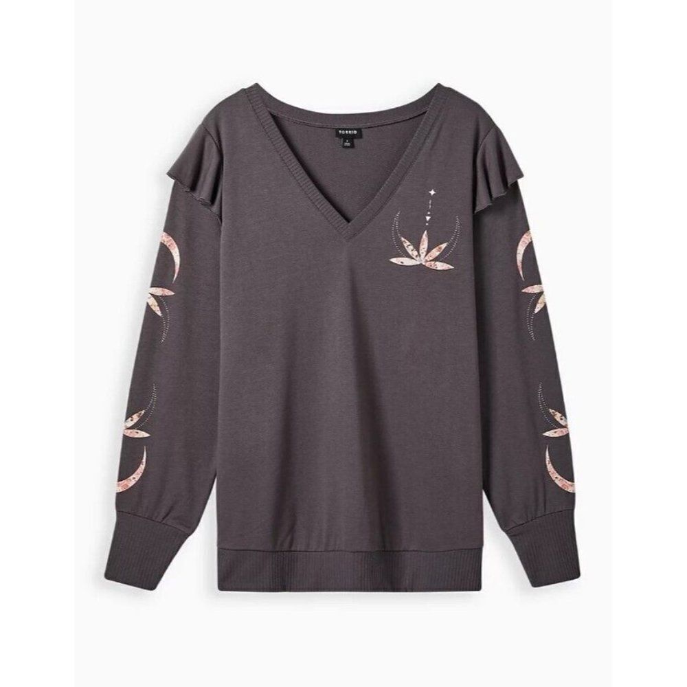 Torrid Womens Size 00 M/L Ruffle Sweatshirt Lightweight French Terry Lotus Grey